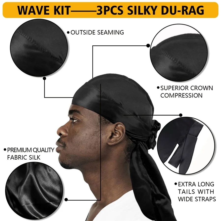Silk DU-Rag for Men Waves Multifunctional Hat Sports Pirate Cap Multi-colored Soft Breathable and Adjustable Men's Sleeping Cap