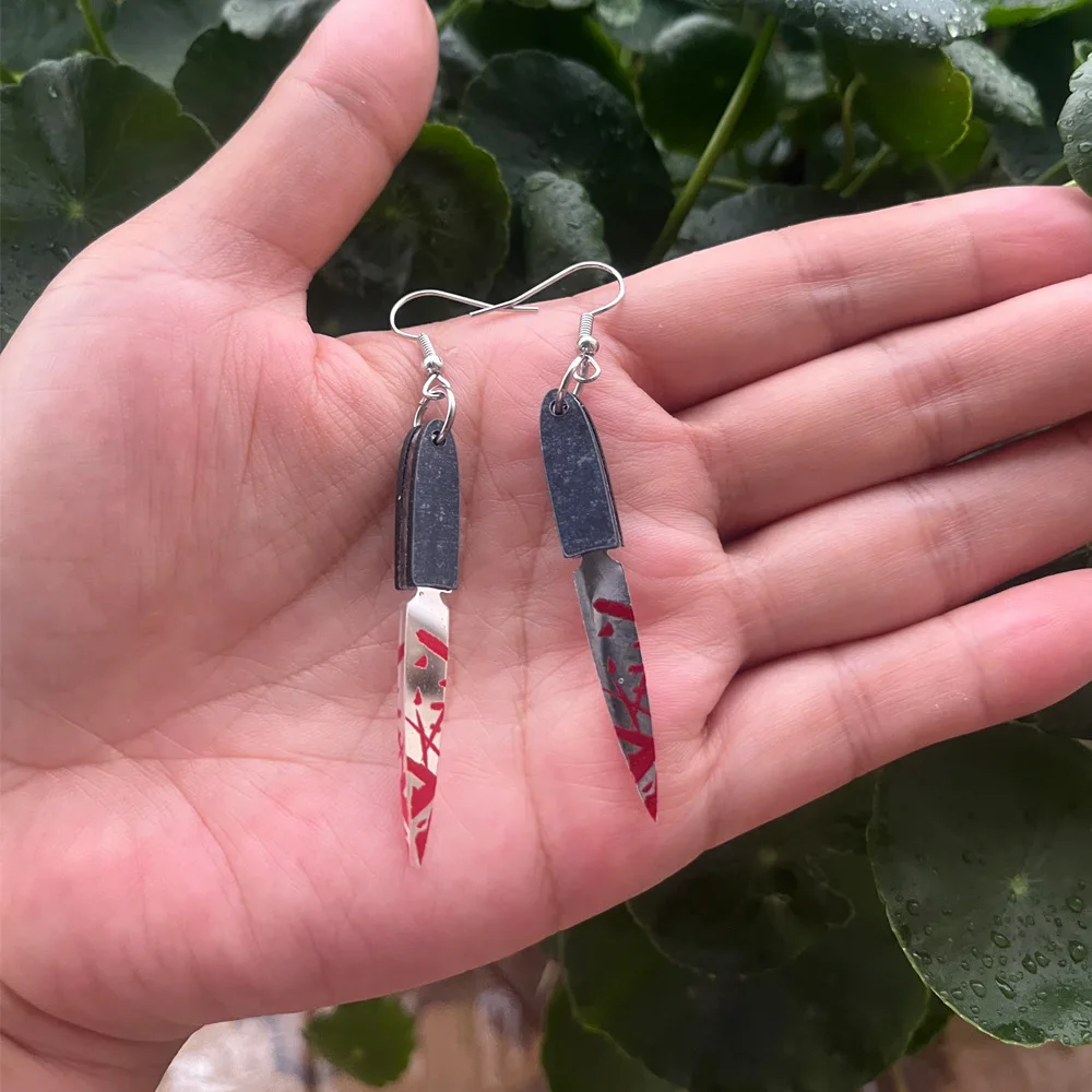 Punk Gothic Blood Knife Acrylic Drop Earrings For Women Resin Kitchen Knife Saw Dangle Earrings Pendant Halloween Jewelry Gifts