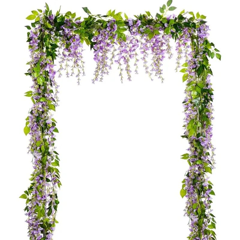 Wisteria Artificial Flowers Garland, 4 Pcs Total 28.8ft Artificial Wisteria Vine Silk Hanging Flower for Home Garden Outdoor Cer
