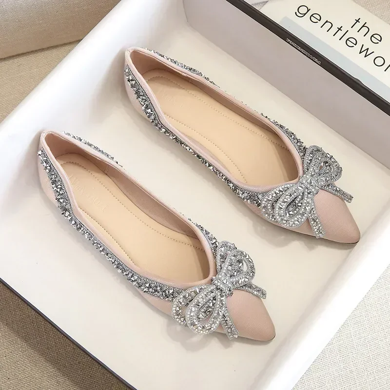 Ballet Flats Shoes for Women Fashion Rhinestones Bow Flat Footware Female Plus Size Moccasin Boat Shoes Chaussure Femme 2024