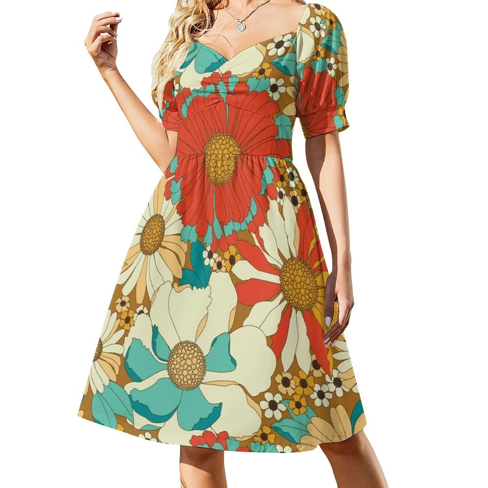 Red, Orange, Turquoise & Brown Retro Floral Pattern Short Sleeved Dress elegant dress dress dresses