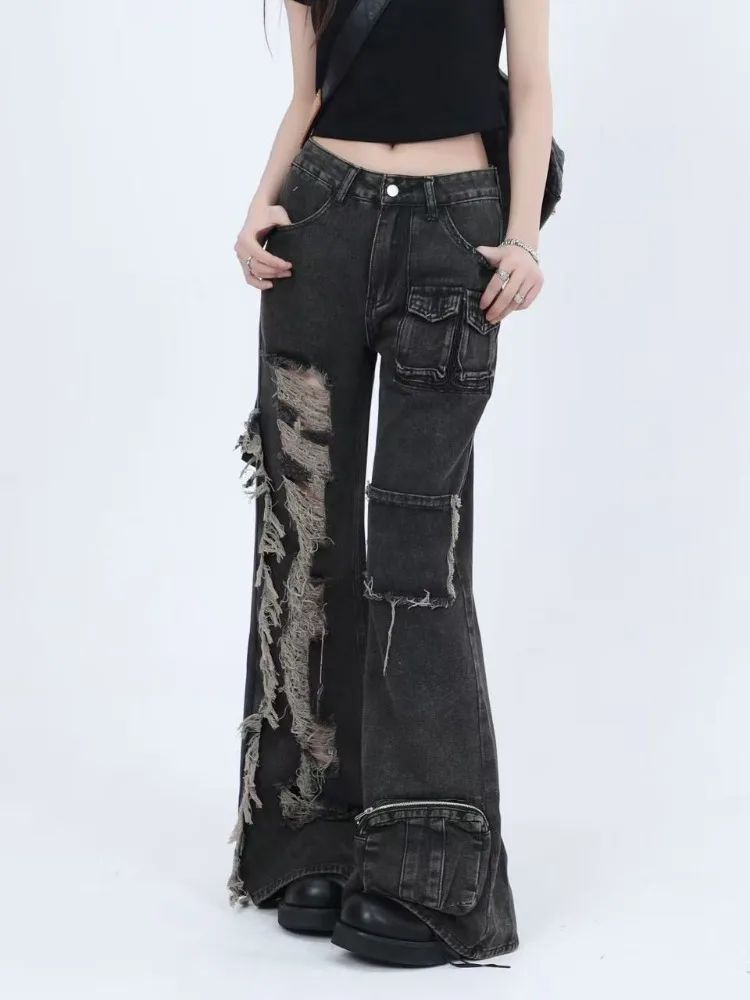 Gothic Grunge Women Multi‑Pocket Cargo Flare Denim Trousers Y2K 2000s Japanese Harajuku Streetwear Washed Bell‑Bottom Jeans New