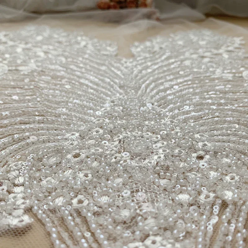 Bridal Lace Fabric with Beaded Sequins, Advanced Customization, Wedding Dress, AB Set, Front Chest, Back Flower, RS4174, New