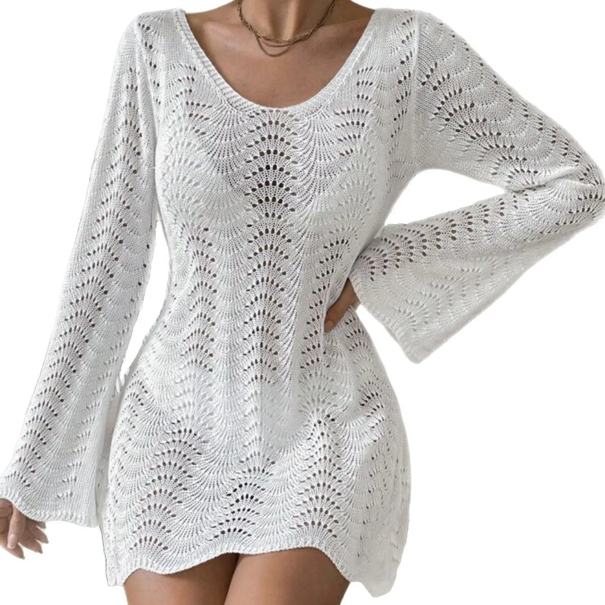 Vestido bodycon de manga comprida com decote em V solto para férias na praia