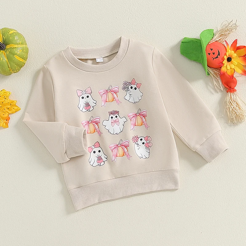 Sweat-shirt imprimé fantôme avec nœud PVD pour fille, pull à col rond, chemise à manches longues en Y, vêtements d'automne pour tout-petits, bébé, Halloween