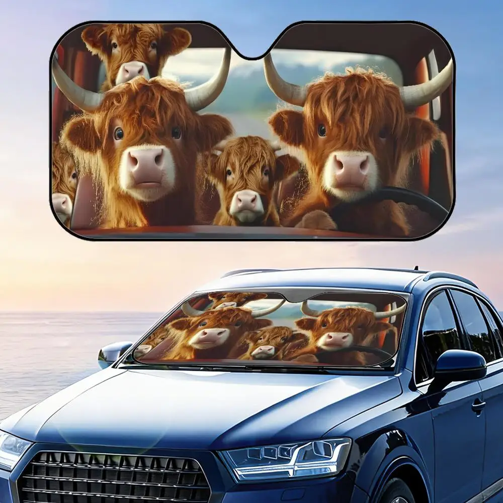 

Cute Highland Cattle Sun Visor Reusable Aluminum Foil Windshield UV Protection Heat Insulation Cover Sun Visor Sunshade