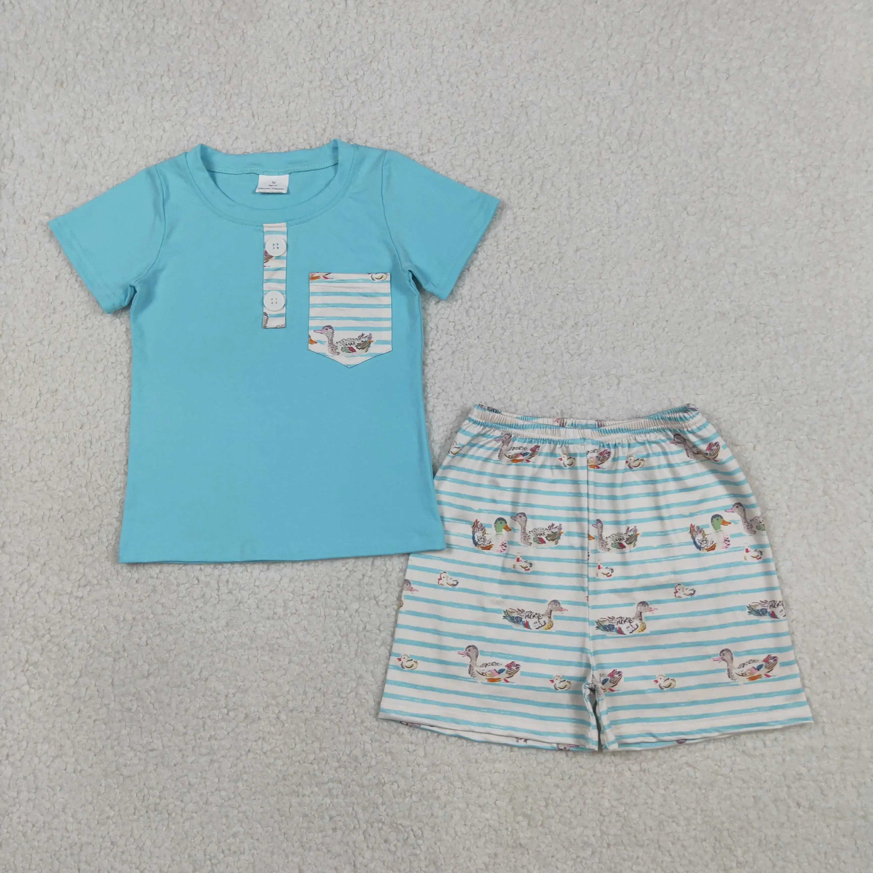 Wholesale Children Short Sleeves Pocket Buttons Shirt Toddler Ducks Stripes Shorts Kids Boys Outfit Baby Boy Summer Set Clothes