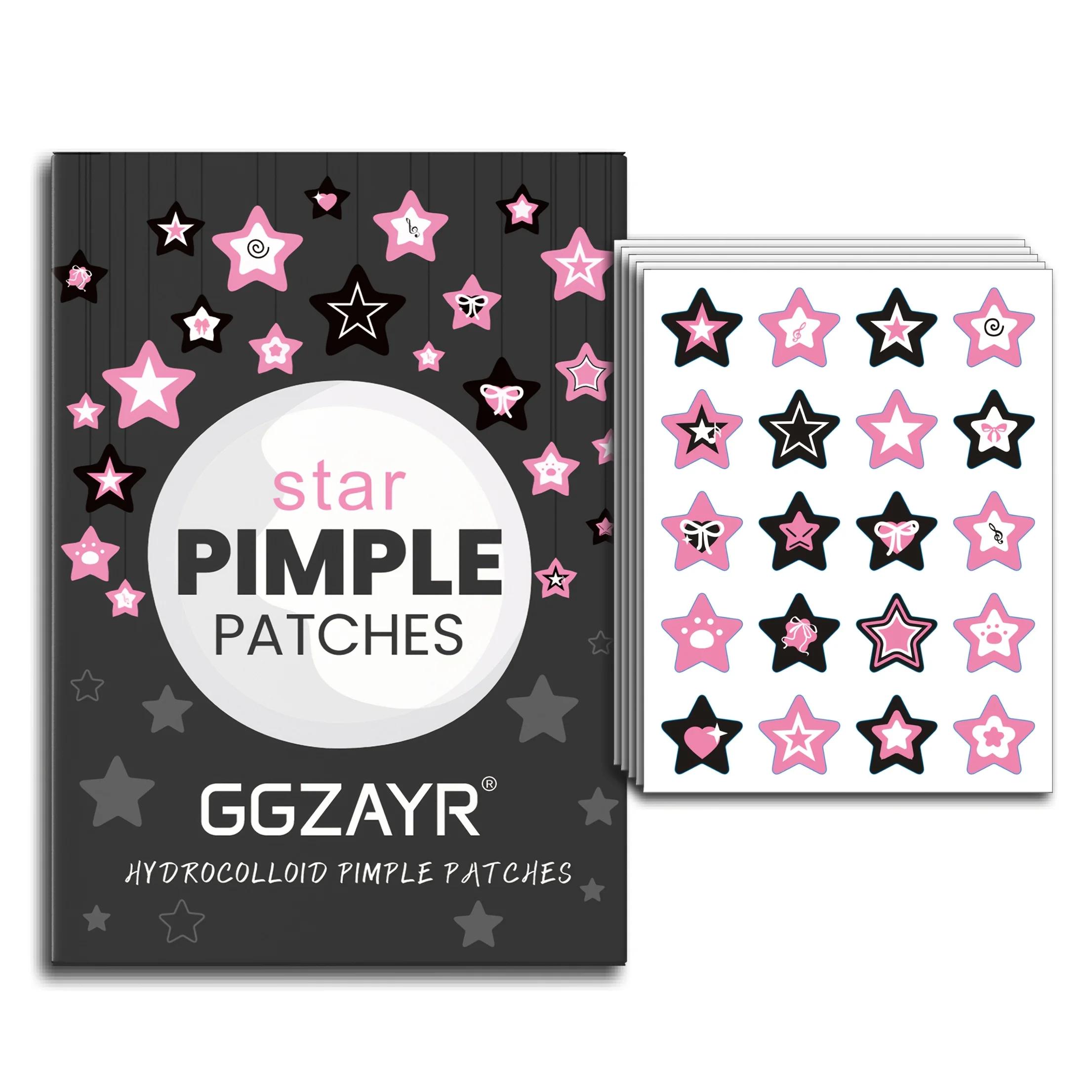 100pcs Pink & Black Star Pimple Patches – Mixed Set, Various Sizes, Unisex Concealing Stickers for All Skin Types