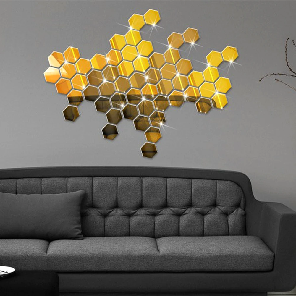 1PC 3D Hexagon Mirror Wall Stickers Acrylic Self Adhesive Aesthetic Tile Living Room Sticker Wall Decor Mini Mirror Solid Paster