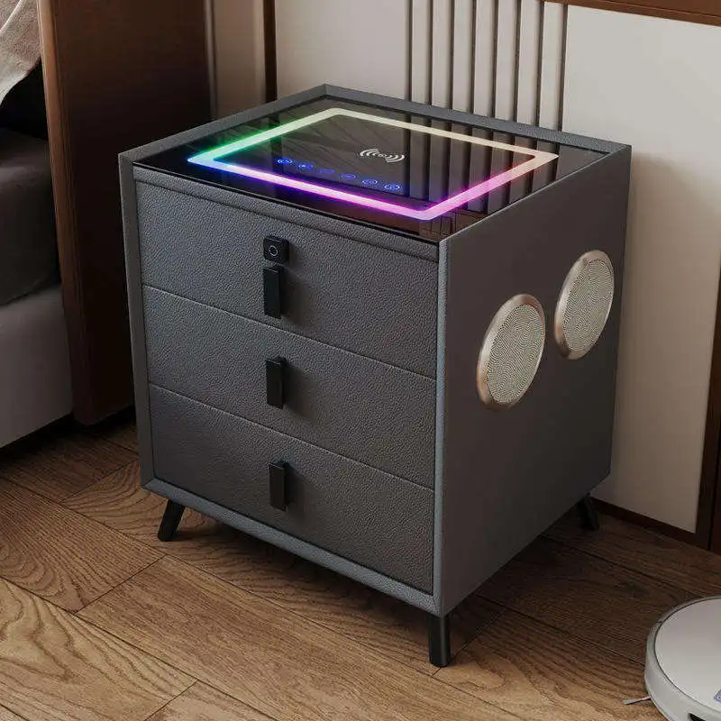 Smart bedside table, three-color light, wireless charging USB dual stereo fingerprint lock, bedroom bedside table