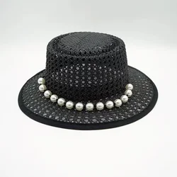 New Handmade Summer France Elegant Hollow Out Milk White Black Grass Beach Pearl Chain Fedoras Cap Women Panama Jazz Custom Hats