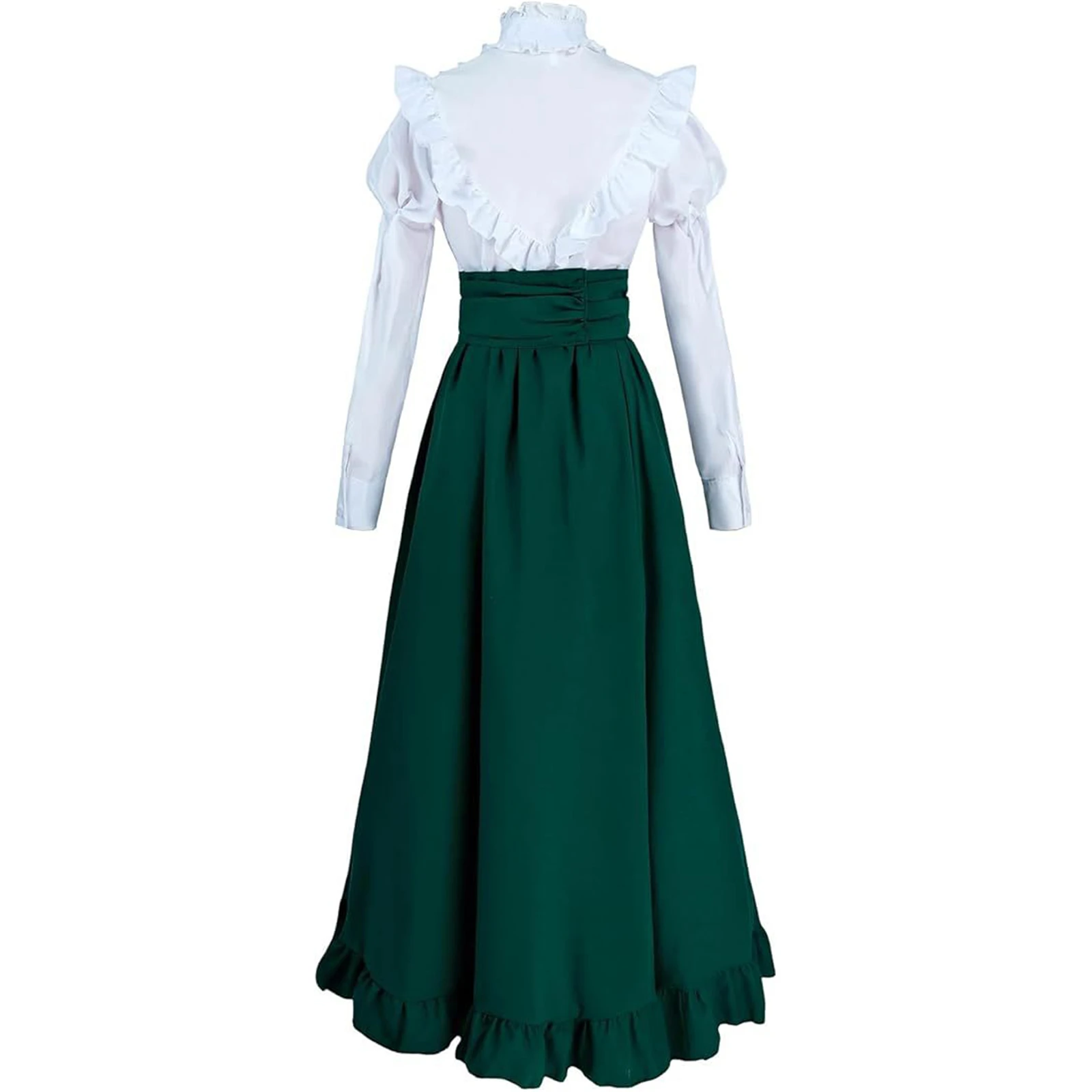 Medieval Victorian Costume for Women 3PCS Ruffle Blouse Maxi Skirt Set Pioneer Colonial Dress for Renaissance Faire Cosplay