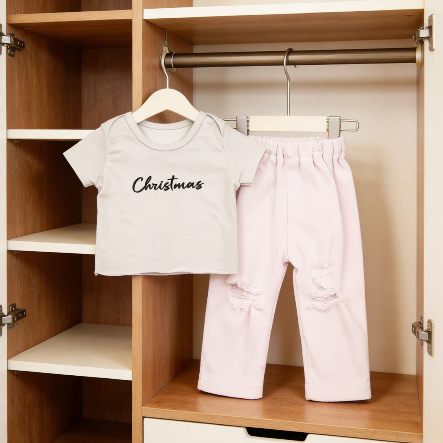 18 인치 미국 인형 옷 세트 화이트 레터 (크리스마스) 티셔츠 + 바지 정장 43cm 새로운 아기 인형 전나무 DIY, 소녀 인형