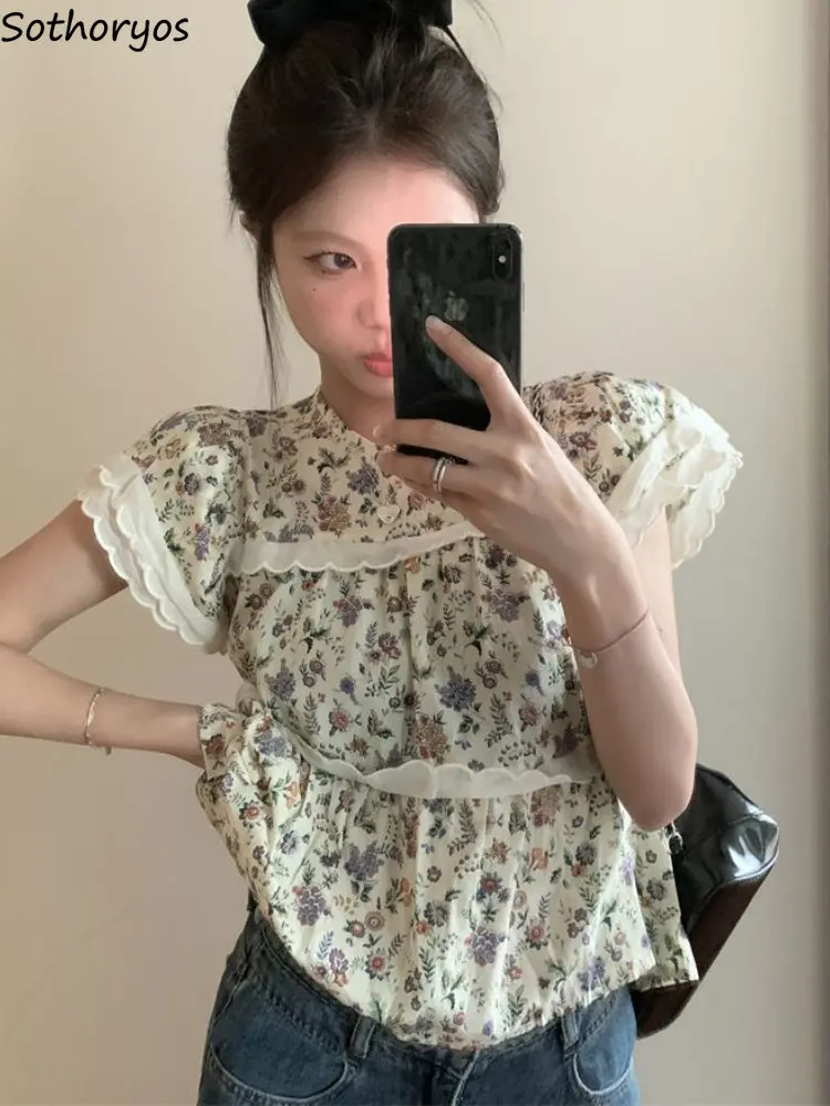 Blusen für Damen, abgeschnitten, Sommer, Vintage, zart, süß, bedruckt, ästhetisch, gerüscht, französischer Stil, mädchenhaft, beliebt gestaltet, Camisas Young