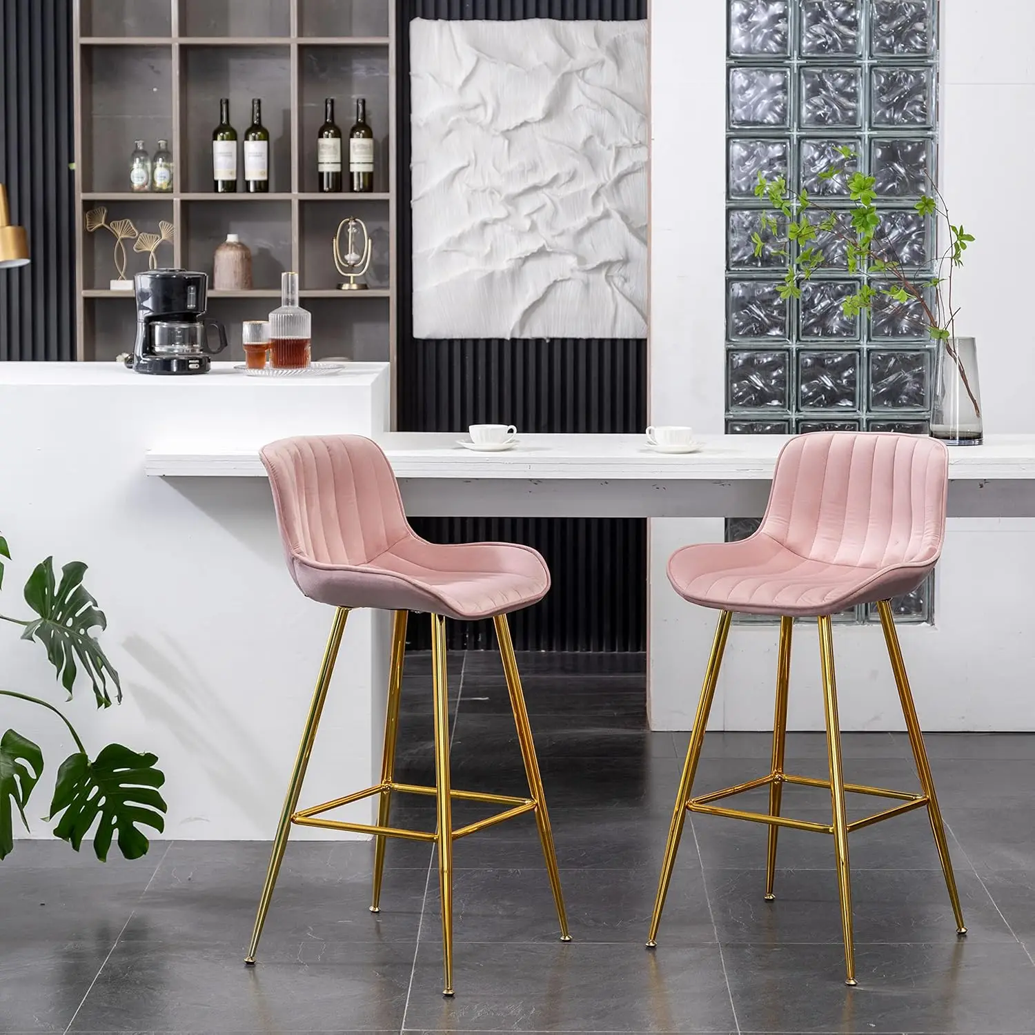 

29 Inch Bar Stools Set of 2, Pink Barstools with Back and Gold Plated Legs, Upholstered Barstools for Bar, Living Room, Kitch