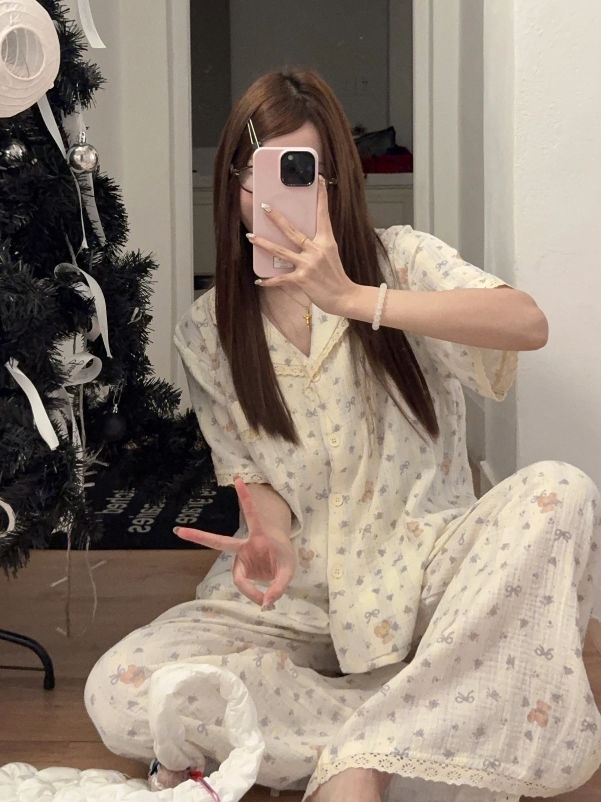 

Sweet Style Pure Cotton Bear Print Sleepwear Set for Women Home Clothes Short Sleeve Long Pants Open Cardigan Korean Style