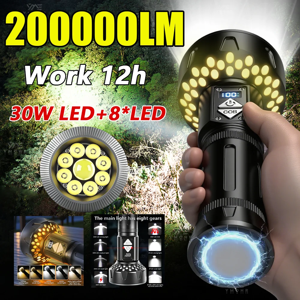 

Перезаряжаемый уличный фонарь 200000 лм, водонепроницаемый, многофункциональный, с цифровым дисплеем и магнитом, для кемпинга, туризма, самообороны