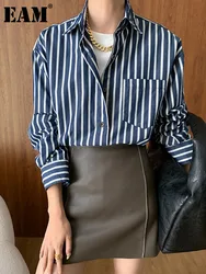 [EAM] Women Navy Blue Striped Big Size Elegant Blouse New Lapel Long Sleeve Shirt Fashion Tide Spring Autumn 2024 1DH6534