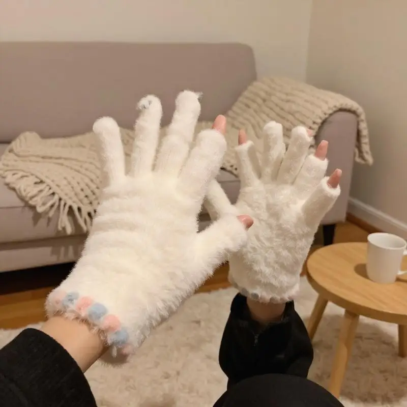قفازات لطيفة مفتوحة الأصابع تعمل باللمس من القطيفة بخمسة أصابع للنساء في الشتاء، مخملية دافئة وسميكة لطلاب ركوب الدراجات #6