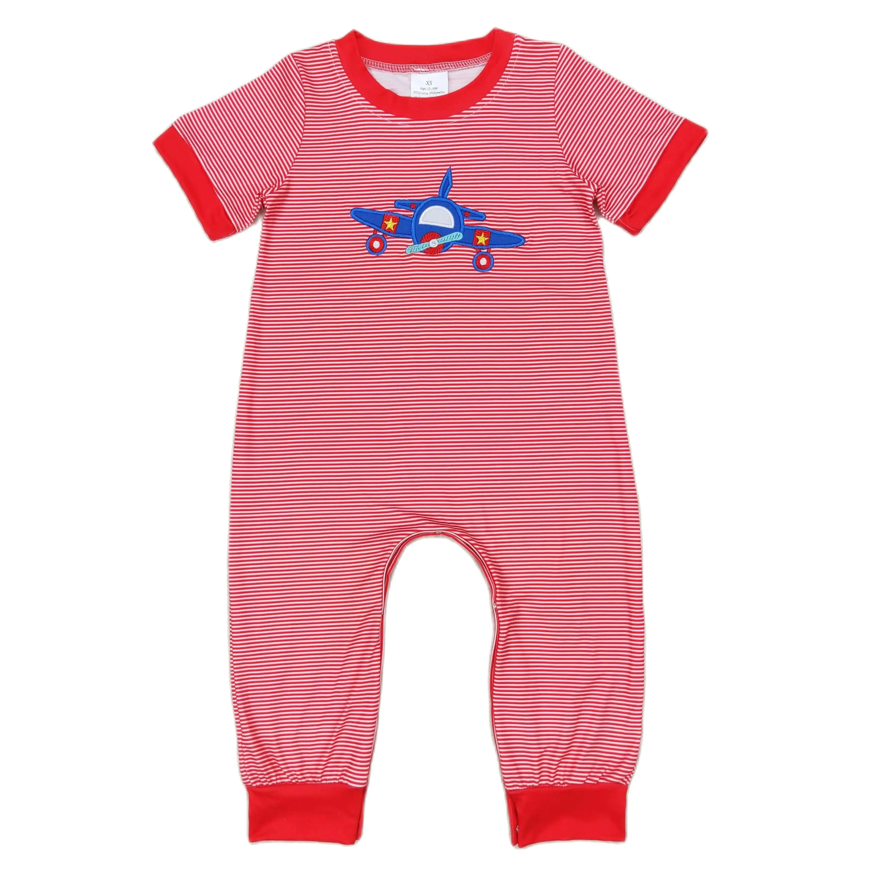 Wholesale Toddler Baby Boy Short Sleeves Embroidery Airplane Romper Newborn Summer Plaid Blue One-piece Kids Children Clothing