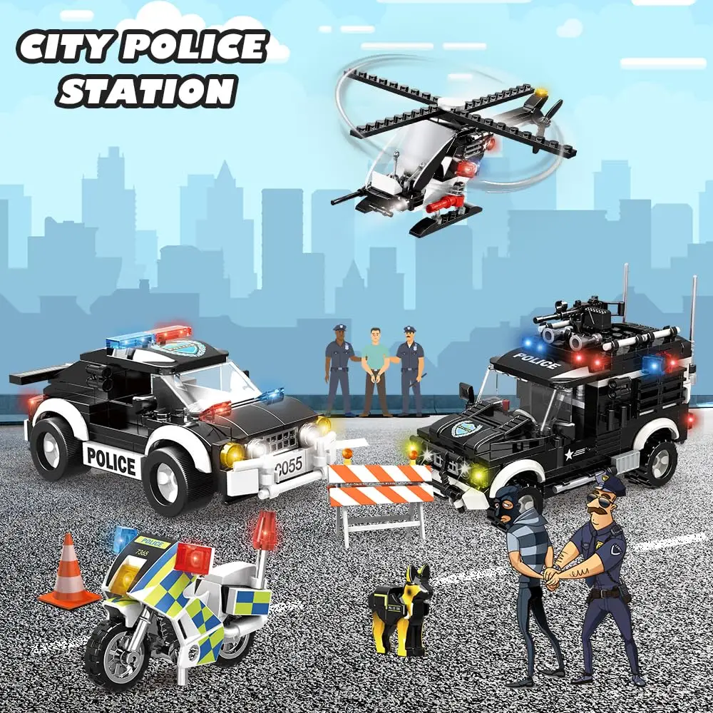HOGOKIDS 1261-teiliges Stadt-Polizeistation-Bausteinset Spielzeug Hubschrauber Motorrad 2 Autos STEM Polizei-Konstruktions-Spielset für Kinder Weihnachts-Geburtstagsgeschenk