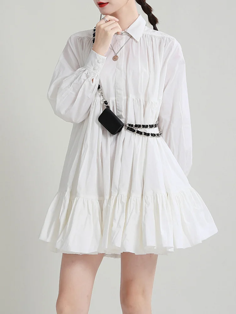 [EAM] Women White Gathered Big Size Shirt Dress New Lapel Long Sleeve Loose Fit Fashion Tide Spring Autumn 2024 1DE365900