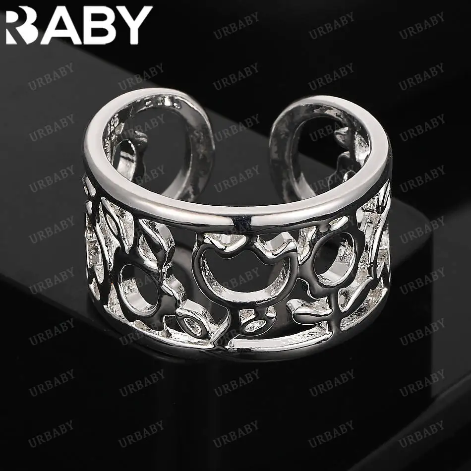 

URBABY 925 Sterling Silver Hollow Geometric Pattern Ring For Women Fashion Jewelry Vintage Grace Charm Noble Party Birthday Gift
