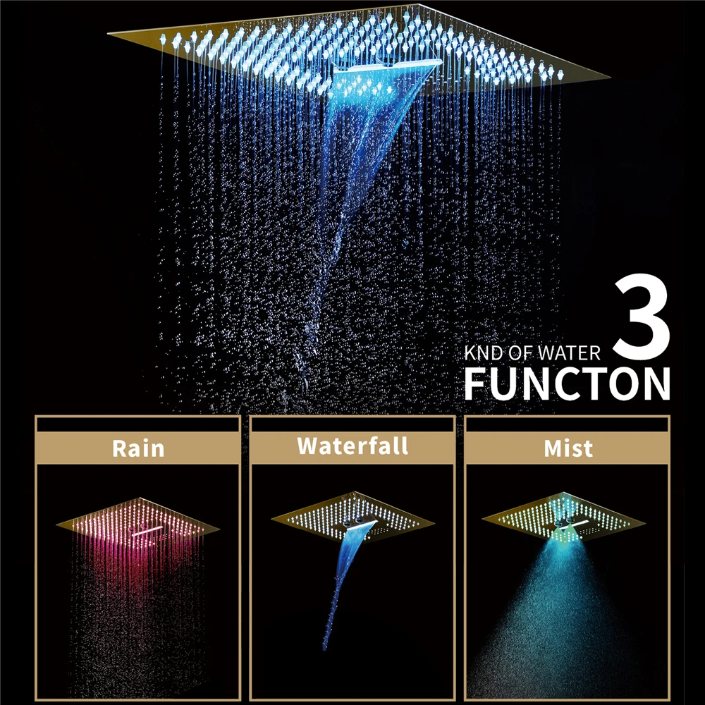 LED Shower Head Music Speaker Ceramic Valve Brass Thermostatic Faucet Gold Finish Modern Design Rain Waterfall Spray Patterns