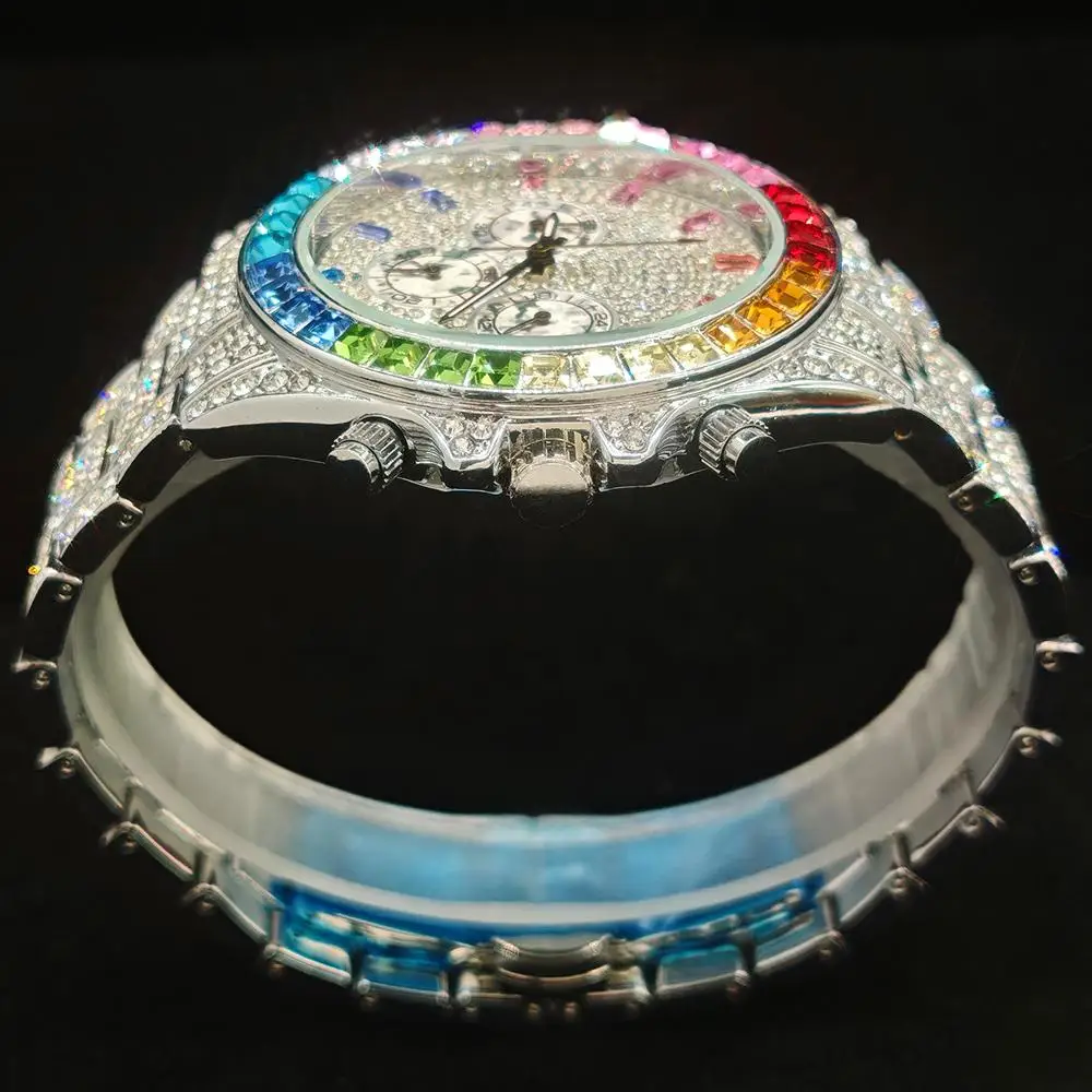 Uniguetu redondo relógios masculinos ouro hip hop aço inoxidável quartzo relógio à prova dwaterproof água arco-íris diamante relógio de pulso homem venda quente