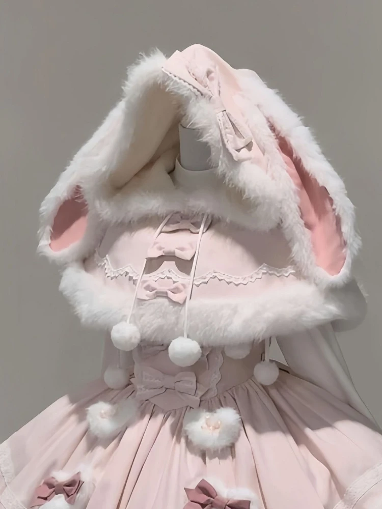 Harajuku Sweet Kawaii Winter 2 Piece Set Women Design Rabbit Ear Cloak Coat + Pink Strap Skirts Japanese Cute Bow Lovely Outfits image 4
