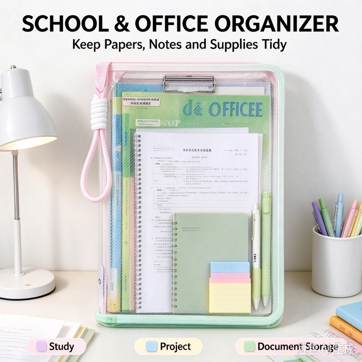 A4 Mesh Zipper File Bag With Built-in Board Clip Portable Hand Rope Document Folder Transparent Test Paper Organizer School Offi