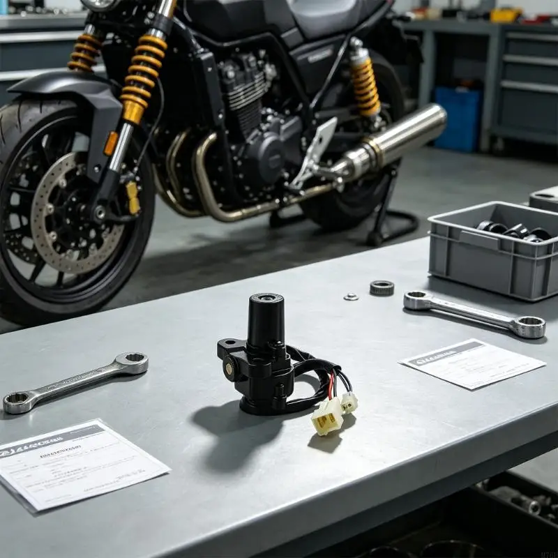 M76E Motorrad-Ersatzschloss mit schwarzem Schlosskörper, silberner Metallkappe, zwei Schlüsseln und zwei elektrischen Kupplungskabelbäumen. – Detail 10