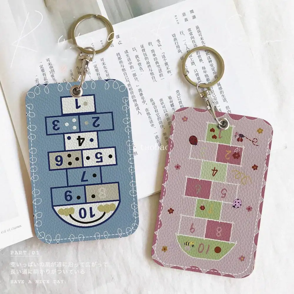 Cartoon Hopscotch Print Keychain With Access Card Holder, Bus Pass & Meal Card ID Bank Card Protective Case For Security
