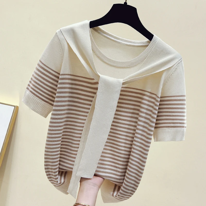 女性のグラデーションストライプニットTシャツ、ラディーズ-ネックプルオーバー、半袖knitwear、アイスシルク、スタイリッシュ、ヴィンテージ、夏、2022