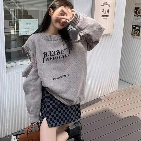 

Lettered Off-Shoulder Buttoned Knitted Pullover Long-Sleeved Lazy Style Korean Style Printed Women'S Crew Neck Sweater