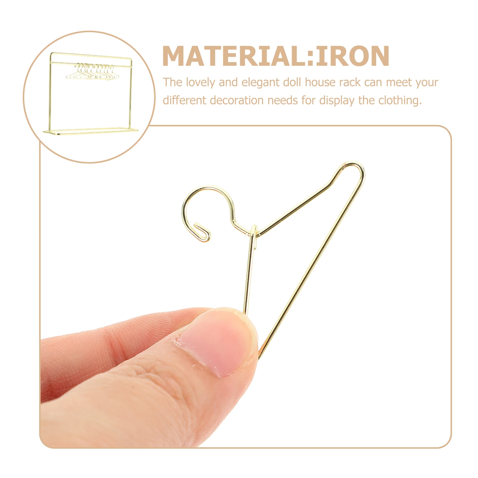 

1 set Mini Iron Hanger Set 15x12mm Gold Tone Clothes Rack Display Stand Accessories Miniature Furniture Toy Room
