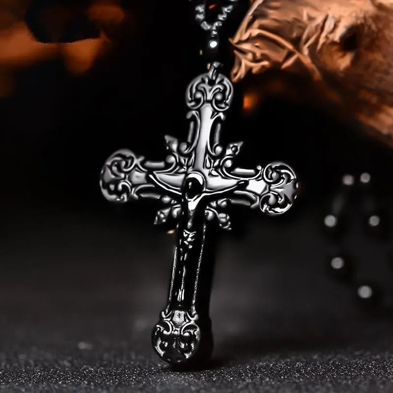 Natural Black Obsidian Jesus Cross Pendant Beads Necklace Fashion Charm Jewellery Hand-Carved Lucky Amulet Gifts Her Women Men