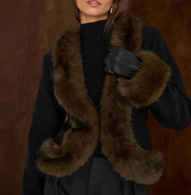 

Women's Elegant Faux fur collar Patchwork Slim Coat Fashion High quality Long Sleeve Outerwear