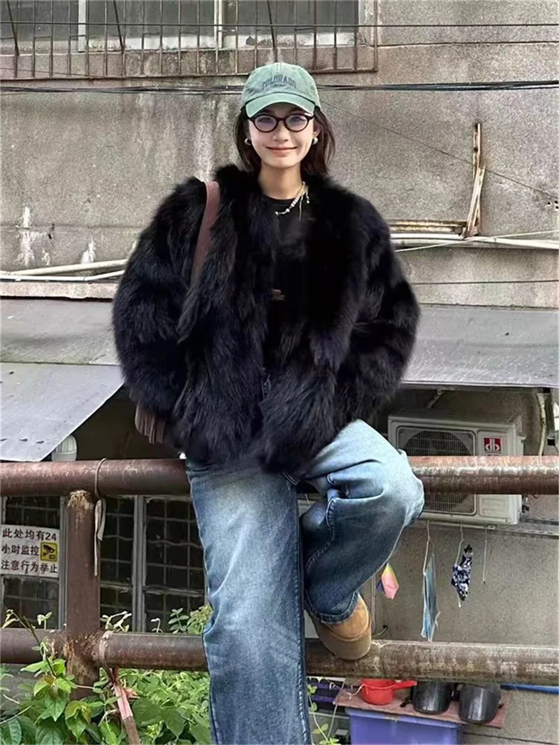 

2024 Imitation Fox Fur Eco Friendly Fur Coat Cardigan Women's Winter New Black Short Style Slim and Fashionable Young Fur Coat