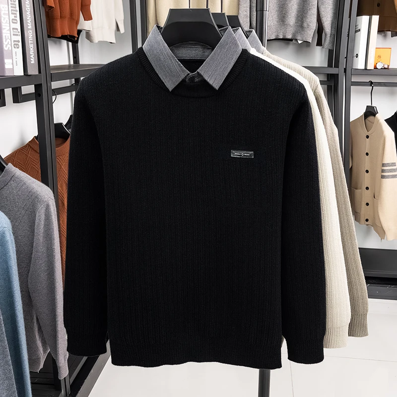 Men’s Knit Sweater Fake Two Piece Layered Design Long Sleeve Round Neck Pocket Detail Soft Fabric Casual Business Autumn Men’s