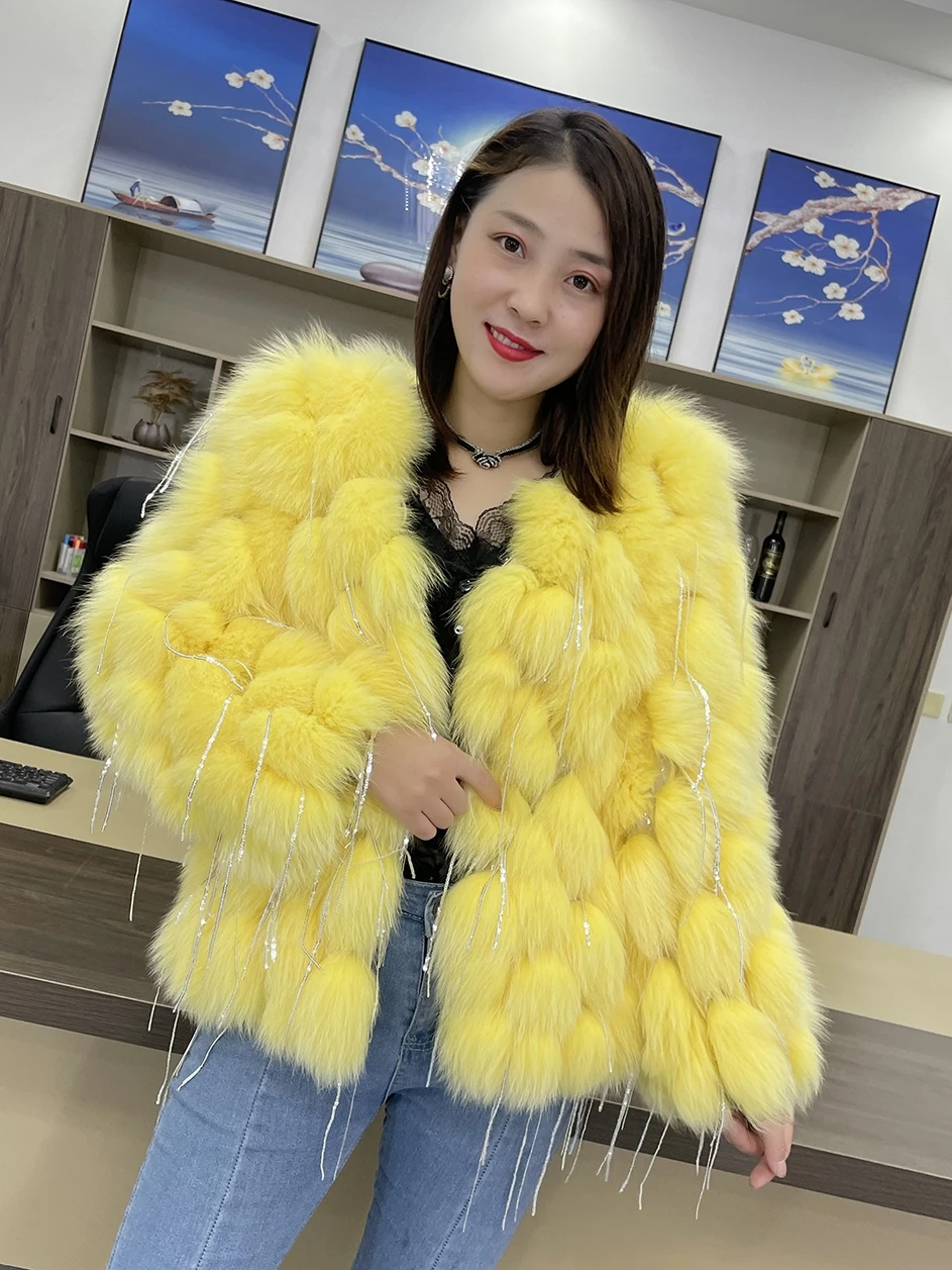 Natural Fox Fur Coat with Tassels Fashion Winter Warm Fur Coat Women Coats Real Fox Fur Jackets Fur Coat Thick Jackets