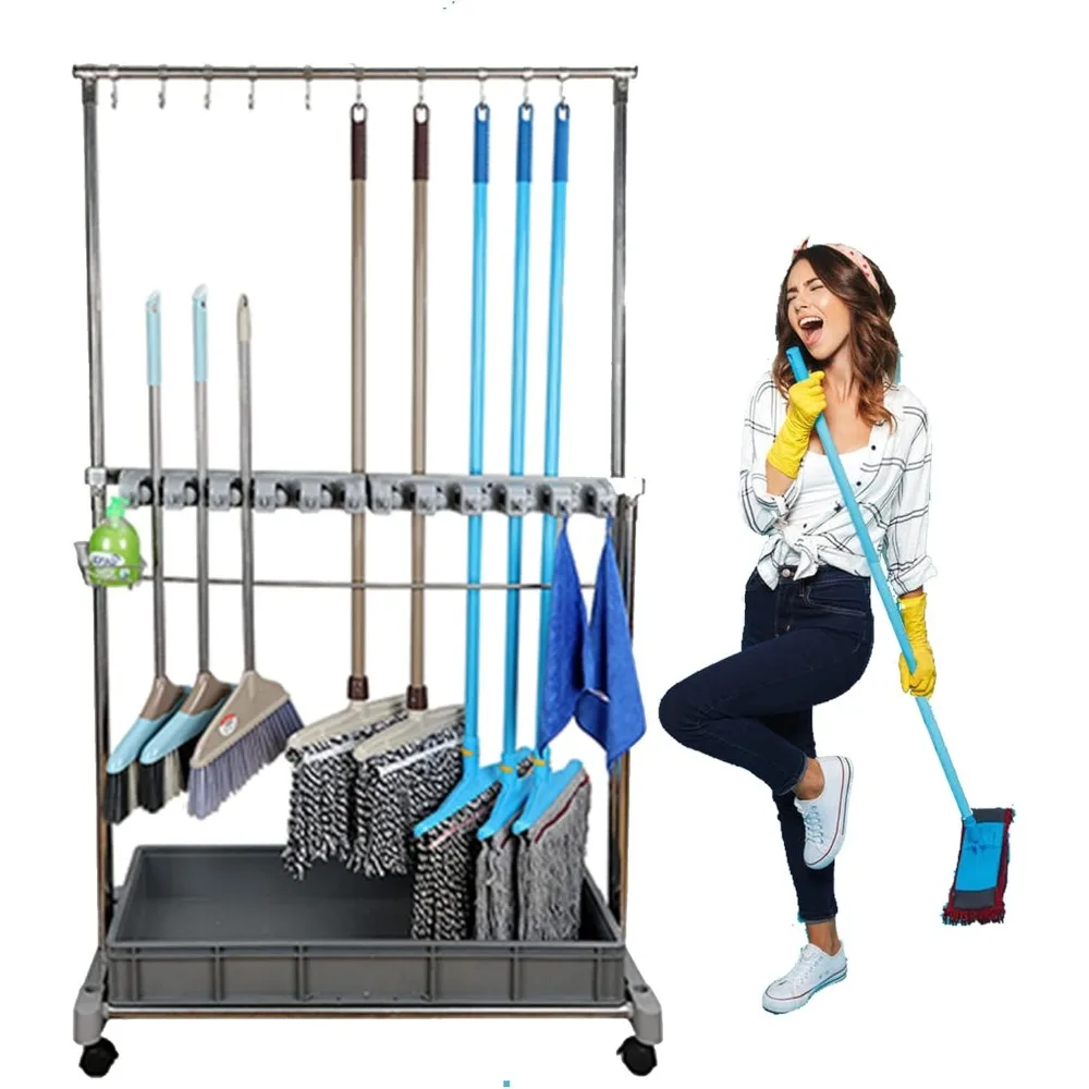 

Портативная подставка для метлы и швабры, тележка для хранения инструментов для чистки пола, органайзер для оборудования для чистки дома и сада