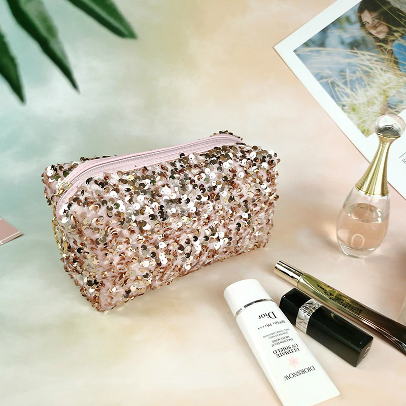 Portable Glitter Makeup Bag Sequin Cosmetic Organizer Party Zipper Pouch Case Women Girls Travel Hangbag