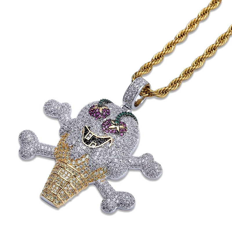 Bling Ice Out AAA CZ Stone Gold Silver Color Pirate Skeleton Skull Ice Cream Pendants Necklaces for Men Hip Hop Rapper Jewelry