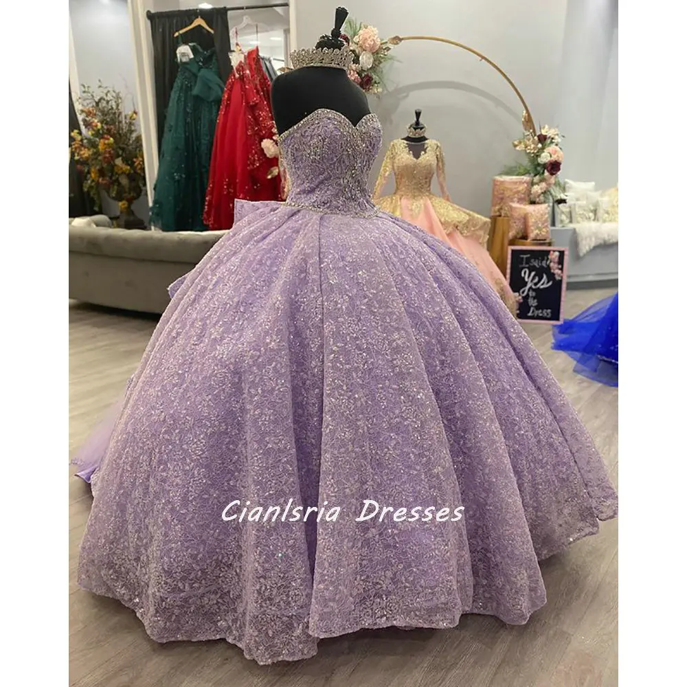 Lilás querida lantejoulas renda quinceanera vestido de baile beading diamantes arco babados corset vestidos xv anos