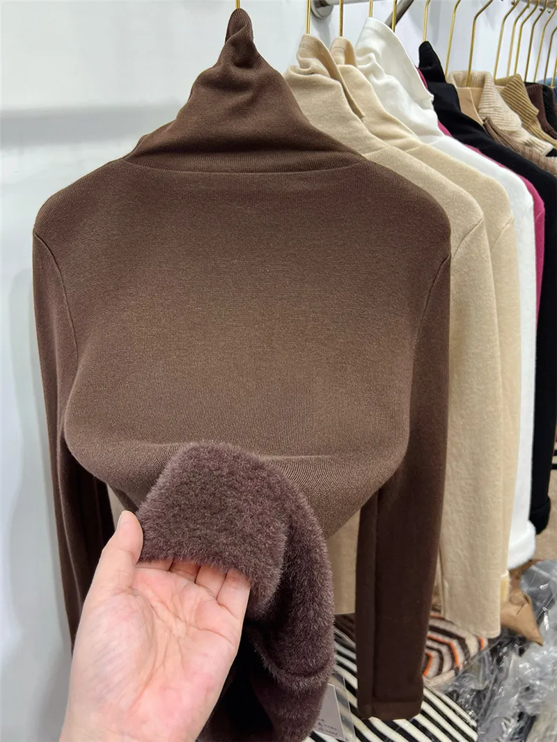 

Утепленный вязаный свитер с высоким воротником для женщин, осенне-зимний, облегающий, модный базовый топ в корейском стиле