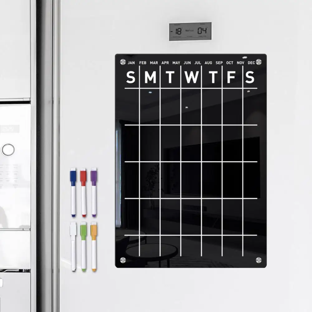 กระดานไวท์บอร์ดกระดานไวท์บอร์ดแม่เหล็กพร้อมแม่เหล็กติดตู้เย็นรายสัปดาห์สีดำปฏิทินสีดำ