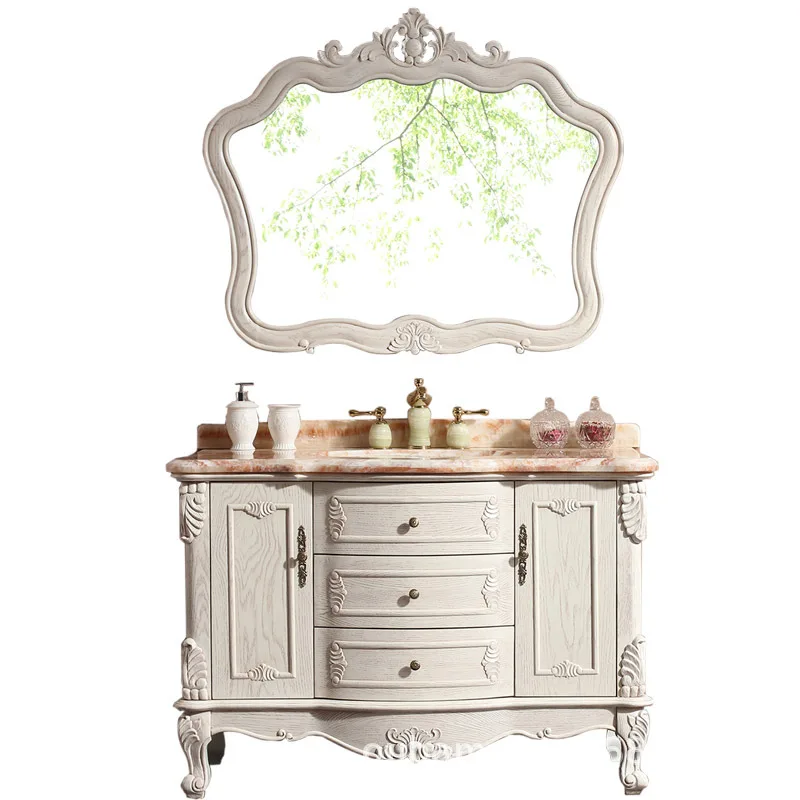 European Bathroom Cabinet Solid Wood Bathroom Cabinet Oak Floor-to-ceiling Marble Washbasin Cabinet Hygiene