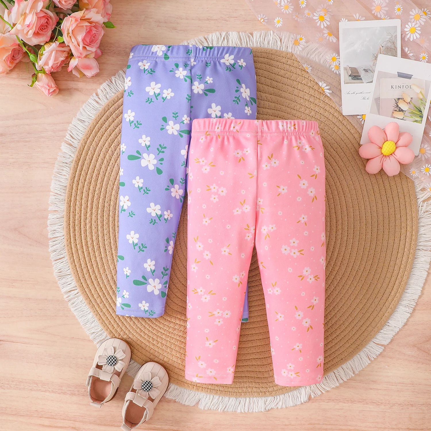 Infant Baby Girls Floral Print Leggings, Soft Cotton Elastic Waist Casual Stretch Pants 2Pcs, All Seasons Wear