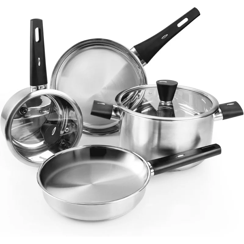 

6-Piece Stainless Steel Cookware Set, Non-Toxic & Non-Stick Pots and Pans with Stay-Cool Handles, Dishwasher Safe, For All Stove